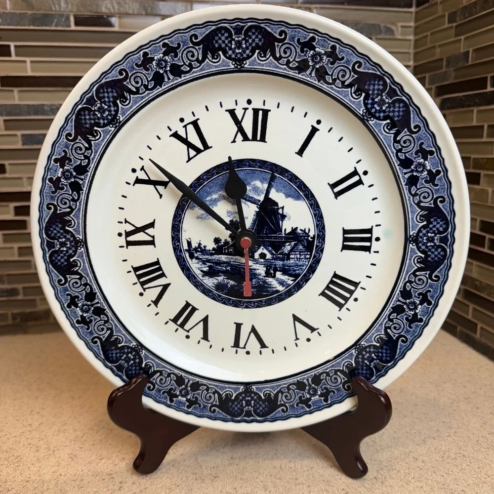 Vintage Boch Delft Blue White Windmill‎ Ceramic Plate Wall Clock Belgium WORKS